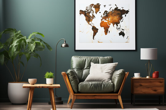 Modern composition of living room interior with armchair, mock-up poster World Map, and personal accessories in home decor
