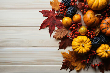 Thanksgiving background decoration, dry leaves, berries, and pumpkins on a white wooden background. Flat lay, copy space. Top view for Autumn, fall, Halloween, and Thanksgiving Wooden Background