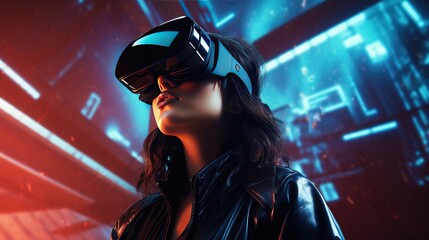 Woman using VR Headset with Futuristic Cyperpunk Background