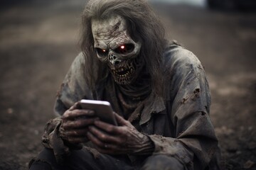 Concept of a zombie using a cell phone, phone turning people into zombies - 638949344