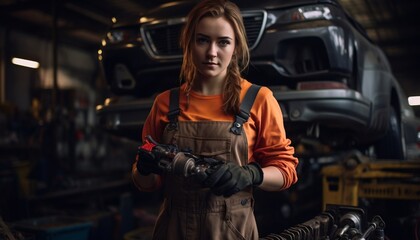 Obraz na płótnie Canvas Female car mechanic in workshop 