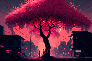 A tree in the middle of a city at night. Cyberpunk. Generative AI 