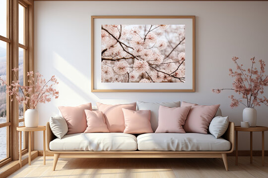 Modern spring Scandinavian living room interior, Wooden picture frame, poster mockup. Cherry plum blossoms in a vase, Elegant stylish minimal home decor Background