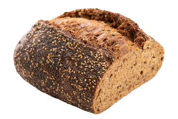 PNG, Dark rye bread with poppy seeds, sesame seeds, and others. Isolate on a white background.