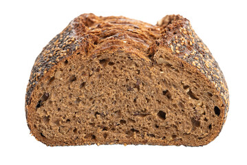 PNG, Dark rye bread with poppy seeds, sesame seeds, and others. Isolate on a white background.