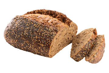 PNG, Dark rye bread with poppy seeds, sesame seeds, and others. Isolate on a white background.