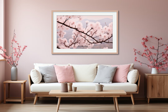 Modern spring Scandinavian living room interior, Wooden picture frame, poster mockup. Cherry plum blossoms in a vase, Elegant stylish minimal home decor Background