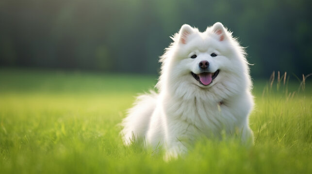 A serene white dog enjoying a peaceful moment in a lush green field