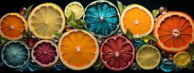 A striking ensemble of citrus cross sections, revealing the intricate, mesmerizing patterns within, an ode to nature's detailed artistry in every slice.

