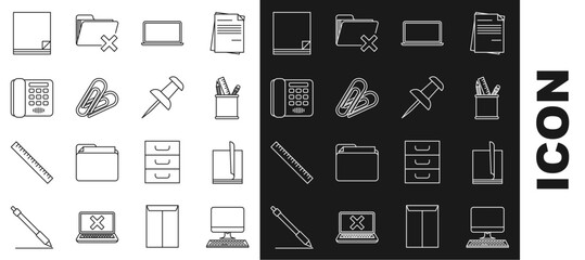Set line Computer monitor with keyboard, File document, Pencil case stationery, Laptop, Paper clip, Telephone, and Push pin icon. Vector
