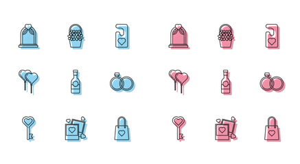 Set line Key in heart shape, Two blanks photo frames and hearts, Wedding arch, Shopping bag with, Champagne bottle, rings, Balloons form of ribbon and Flowers basket icon. Vector