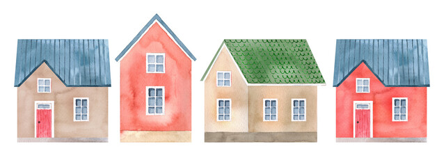 Collection of Watercolor cute rural colored houses. Vintage hand-drawn illustration for postcard, poster, souvenir, kids cards, Greeting card, invitation.