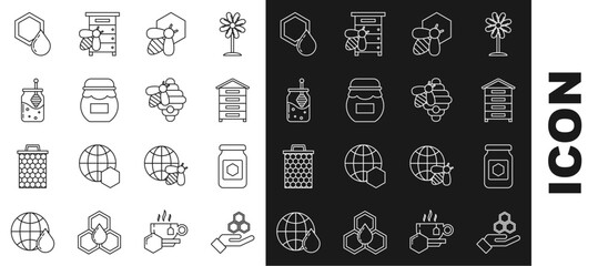 Set line Honeycomb and hand, Jar of honey, Hive for bees, Bee honeycomb, dipper stick, and icon. Vector