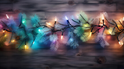 A background adorned with elegant blue pine branches. Background of pine branches with gradient rainbow light bulbs. Christmas theme.