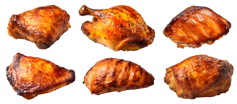 Roasted grilled portion of turkey chicken drumstick thigh breast meat on transparent background cutout, PNG file. Mockup template for artwork design. positions many different angle, side frontal