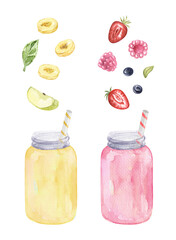 Watercolor illustration of a berry smoothie in a glass jar with ingredients. 2 types of smoothies. Banana Yellow, Berry Juice, Vegan Healthy Fruit Detox Breakfast