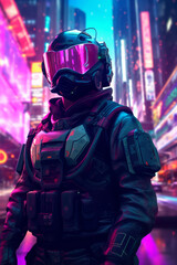 Naklejka premium Illustration of a man immersed in a neon-lit cyberpunk cityscape