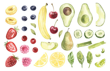 Watercolor drawn fruits, berries, vegetables, leaves collection. Hand drawn fresh vegan food set flavor elements isolated on white background. For smoothies menu, cafe.
