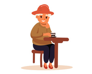 Old woman drinking coffee at the table, vector illustration