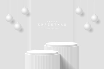 Modern white cylinder podium pedestal or product display stand with Christmas balls hanging background. Wall scene in studio. 3D vector geometric form design for promotion day. Xmas New Year