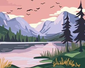 Wild forest lake in the mountains on a summer morning, scenic image, vector illustration