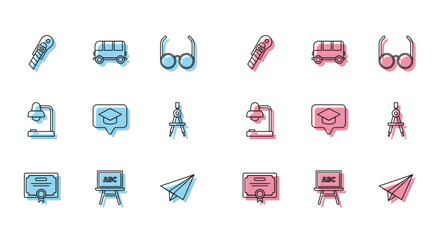Set line Certificate template, Chalkboard, Stationery knife, Paper airplane, Graduation cap in speech bubble, Drawing compass, Table lamp and School Bus icon. Vector