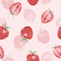 Watercolor seamless pattern with juicy wild berries. Red strawberries hand drawn in a simple cartoon style. On a white background pattern. Art for cookbook, kitchen, textile, menu cafe.