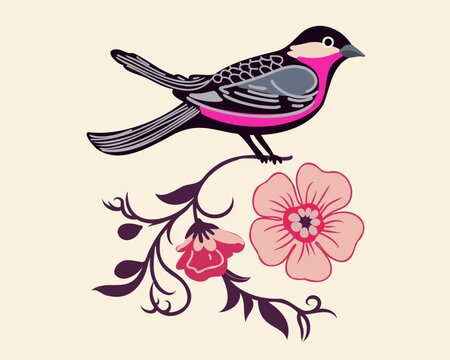 The bird sits on a rose branch, vector illustration
