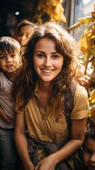 A happy girl with joyful children. Generative AI