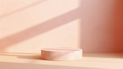 Fototapeta na wymiar Mockup of an empty podium made of natural pink stone for products against a pink wall with shadows. 3D pedestal for demonstration or promotional purposes. Generative AI