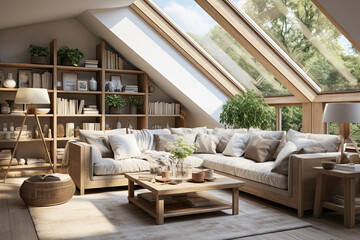 Modern cozy Scandinavian-style living room with a skylight in the ceiling, a garden view, interior scene and mockup, white modern room with sofa.