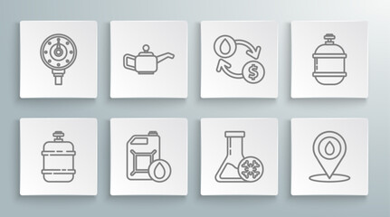 Set line Propane gas tank, Canister for motor machine oil, Antifreeze test tube, Refill petrol fuel location, Oil exchange, water transfer, convert, and Motor gauge icon. Vector