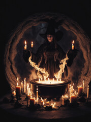 A witch's silhouette, standing in a circle of burning candles, as a powerful spell of dark witchcraft is cast, with a cauldron of bubbling black liquid in the center.