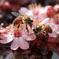 Honey bee collecting nectar from flowers in water, closeup, 3d rendered. 
