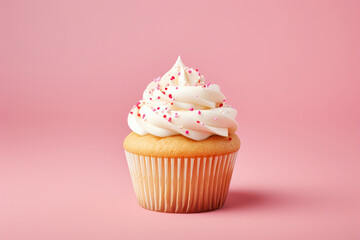 A beautiful and tasty muffin with whipped cream on a beautiful pink background with space for inscriptions. generative ai
