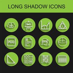 Set line Calendar, Feather and inkwell, Graph, schedule, chart, diagram, Chalkboard, Infinity, Calculator and icon. Vector