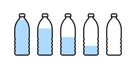 Simple plastic water bottle with different water level illustration, icon set.
