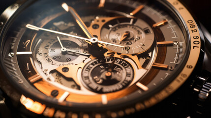 Fototapeta na wymiar Beautiful watch mechanism photographed from close up. Macro of a watch mechanism. generative ai 