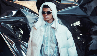 Holographic, sci fi and man with fashion and futuristic ski style with vaporwave clothing in...