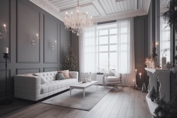 Modern luxury light gray living room with large window, mirror, luxurious chandelier, white sofa and stylish Christmas tree. New Year or Christmas decorated interior. Horizontal format. Generated AI.