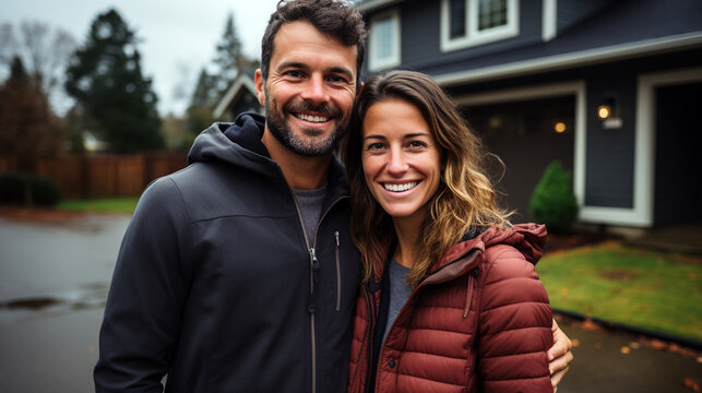 Happy young couple standing in front of new home