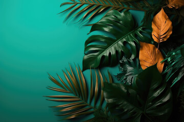 Tropical Green Plant Leaves on Teal Blue Background, Generative AI