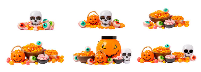 Candy corn, pumpkin sweets, sugar skull, jelly eyes isolated on white background. Halloween holiday...