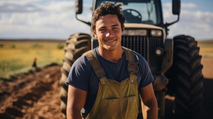 Young farmer at the tractor in the field. Generative AI