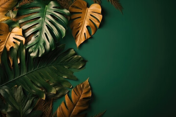 Tropical Greenery on Green Backdrop: Empty Space for Text Placement, Graphic Resource with Simple Plant Design Generative AI