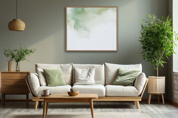 Warm and cozy composition of a spring living room interior with a mock-up poster frame, white sofa, green plant stand, plants, Stylish lamp. Home decor background.