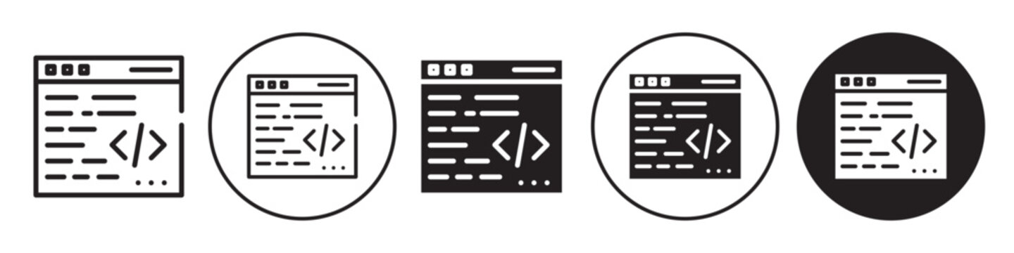 Coding icon. Symbol of developer interface with html, css or java code on browser terminal window. Vector set of writing binary source script to programming mobile app or website on computer web page.