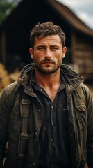 Young farmer at the tractor in the field. Generative AI