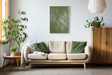 Warm and cozy composition of a spring living room interior with a mock-up poster frame, white sofa, green plant stand, plants, Stylish lamp. Home decor background.