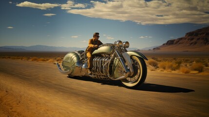 The sun glinting off his motorcycle, he raced through the desert, feeling the freedom of the open road and the wind in his face